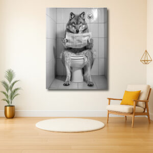 Wolf leest krant op toilet