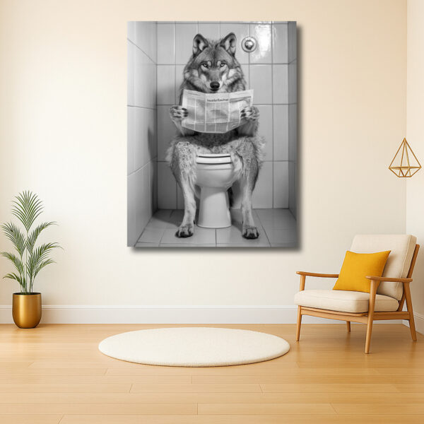 Wolf leest krant op toilet