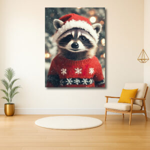 Wasbeer in een kersttrui en kerstmuts