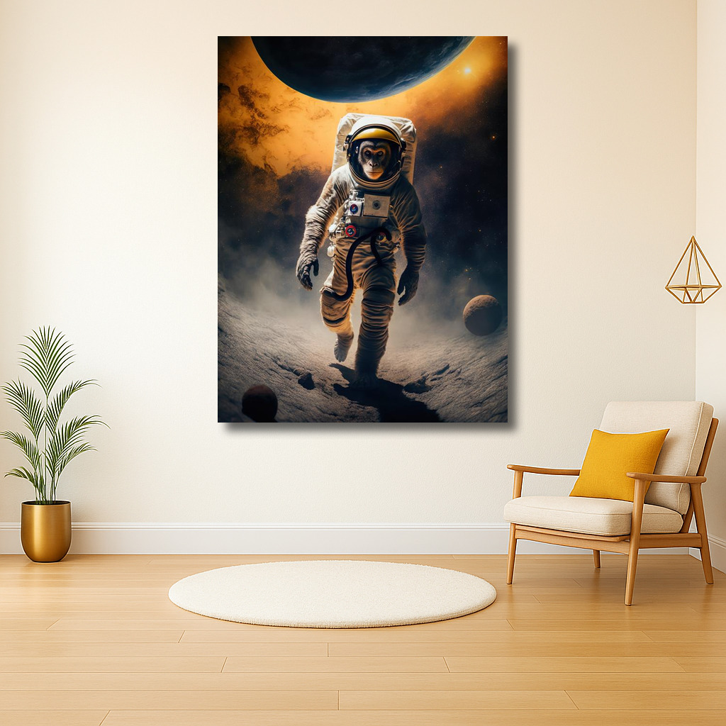 Aap in de ruimte tijdens maanwandeling