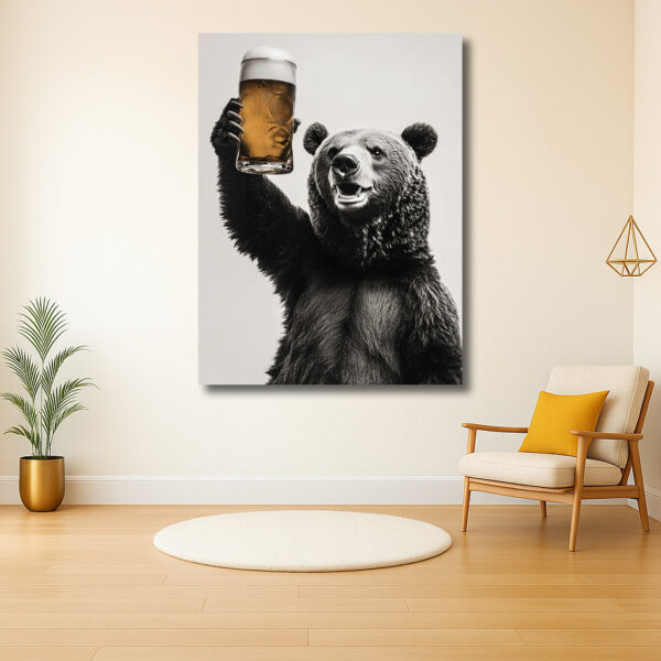 Bierdrinkende beer in zwart-wit