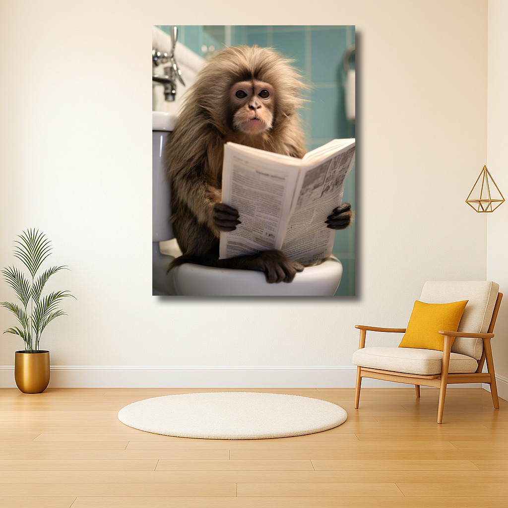 Aap leest krant op het toilet