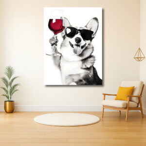 Corgi met zonnebril en wijnglas