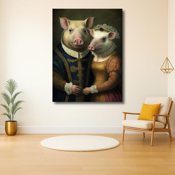 Koninklijk portret van varkenspaar in kostuums