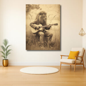 Leeuw met gitaar in sepia bos