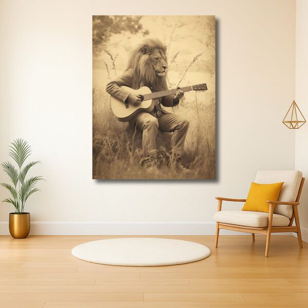 Leeuw met gitaar in sepia bos