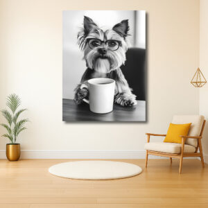 Stijlvolle hond met bril en kopje koffie