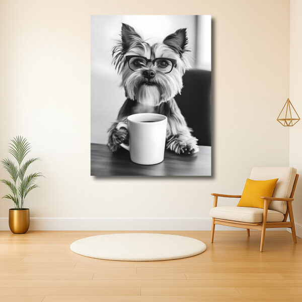 Stijlvolle hond met bril en kopje koffie