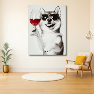 Feestende hond met wijn en zonnebril