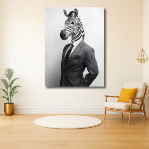 Zebra in een maatpak tegen een witte achtergrond