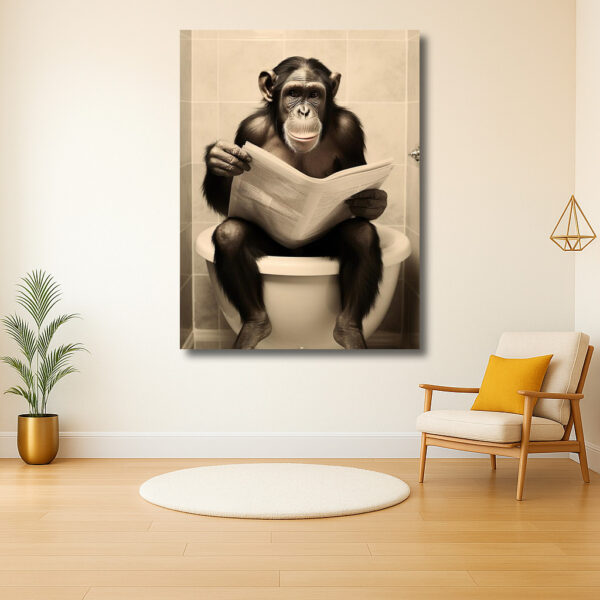 Chimpansee leest krant op toilet