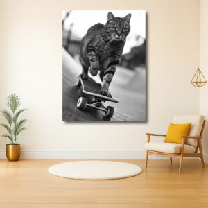 Kat op een skateboard in actie