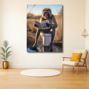 Baboon leest krant op toilet in de natuur