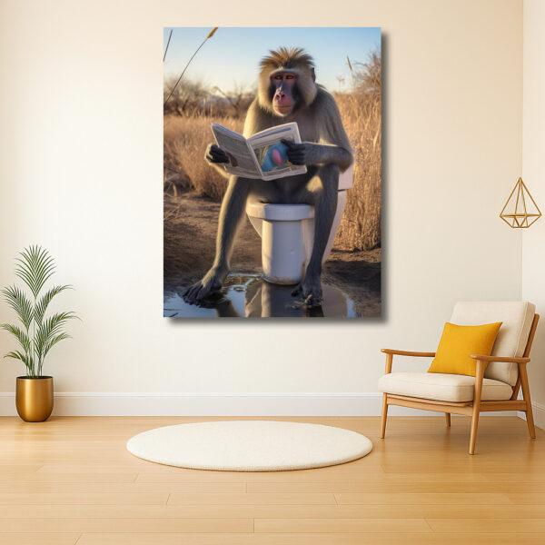Baboon leest krant op toilet in de natuur