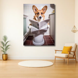 Hond leest krant op het toilet