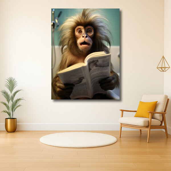 Verbaasde aap leest in de badkamer