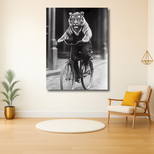 Tijger op een fiets in de stad