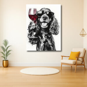 Stijlvolle hond met zonnebril en wijnglas