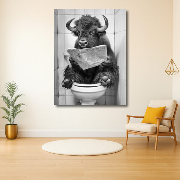 Buffel in de badkamer met krant