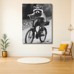 Wasbeer op een fiets in zwart-wit