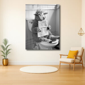 Schaap met krant op toilet