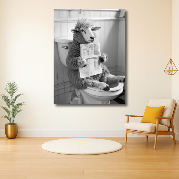 Schaap met krant op toilet