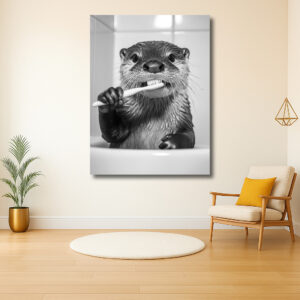 Otter poetst tanden in zwart-wit kunstwerk