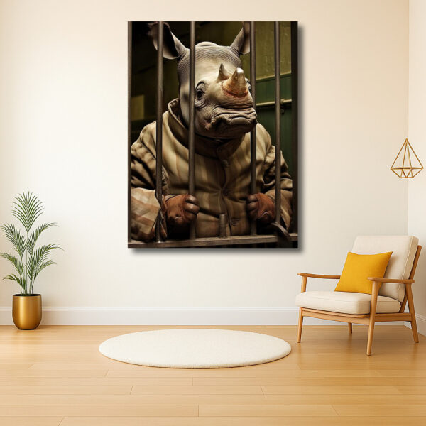 Tragisch portret van een gekooide neushoorn