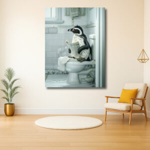 Pingouïn in moderne badkamer met krant