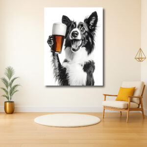 Hond met pint bier vrolijk