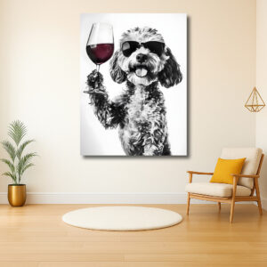 Hond met zonnebril en wijnglas