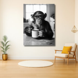 Chimpansee met bril drinkt koffie