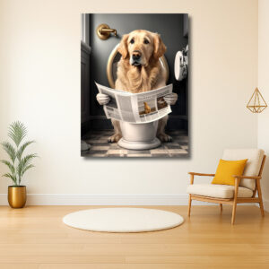 Hond leest krant op toilet