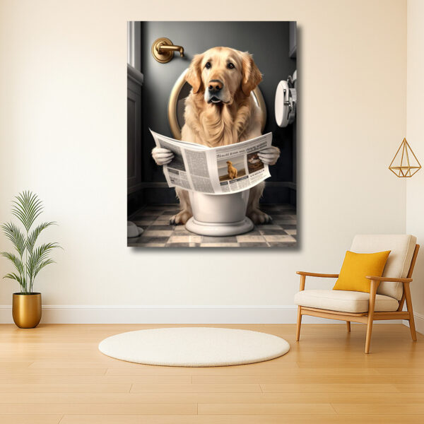 Hond leest krant op toilet