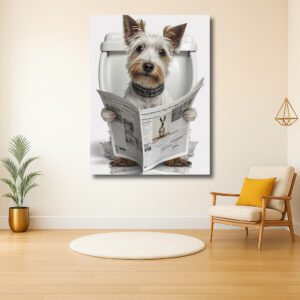Hond leest krant op toilet