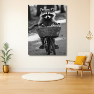 Wasbeer op een fiets met mand