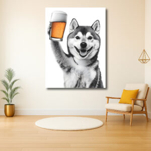 Vierende hond met een glas bier