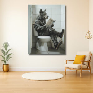 Wolf leest krant op toilet