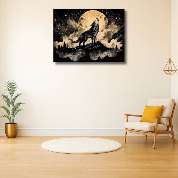 Wolf bij volle maan op een bergtop
