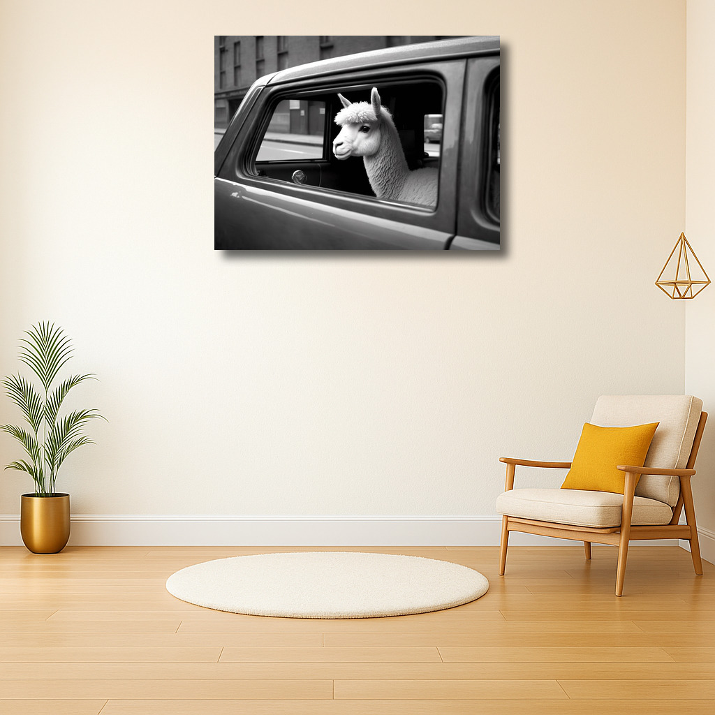 Alpaca kijkt uit het autoraam