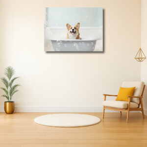 Blije hond in bad met bubbels
