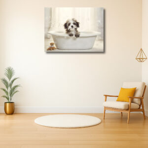 Schattige puppy in bad met bellen