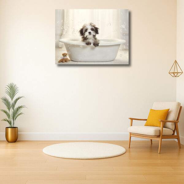 Schattige puppy in bad met bellen