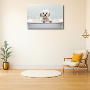 Schattige hond in bad vol bubbels