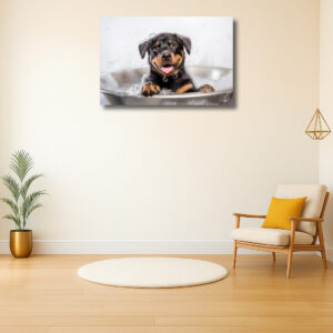 Vrolijke puppy in een zeepsopbad