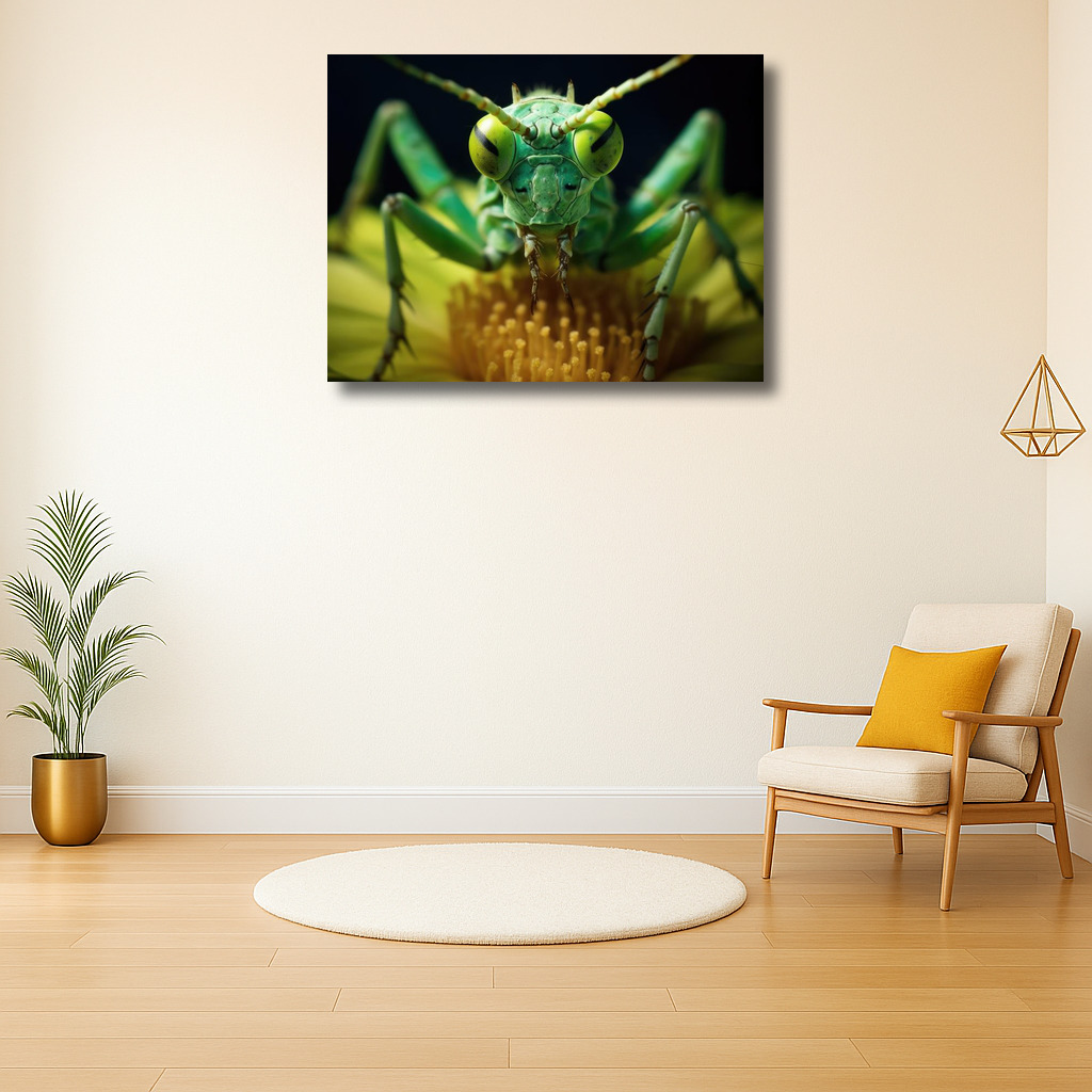 Close-up van een groene sprinkhaan op bloem